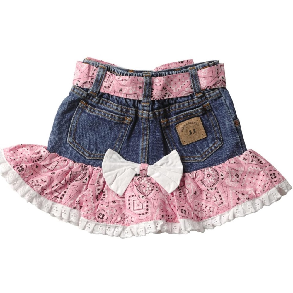 EUC Kiddie Korral jean denim skirt with pink handkerchief and eyelet lace hem 3T